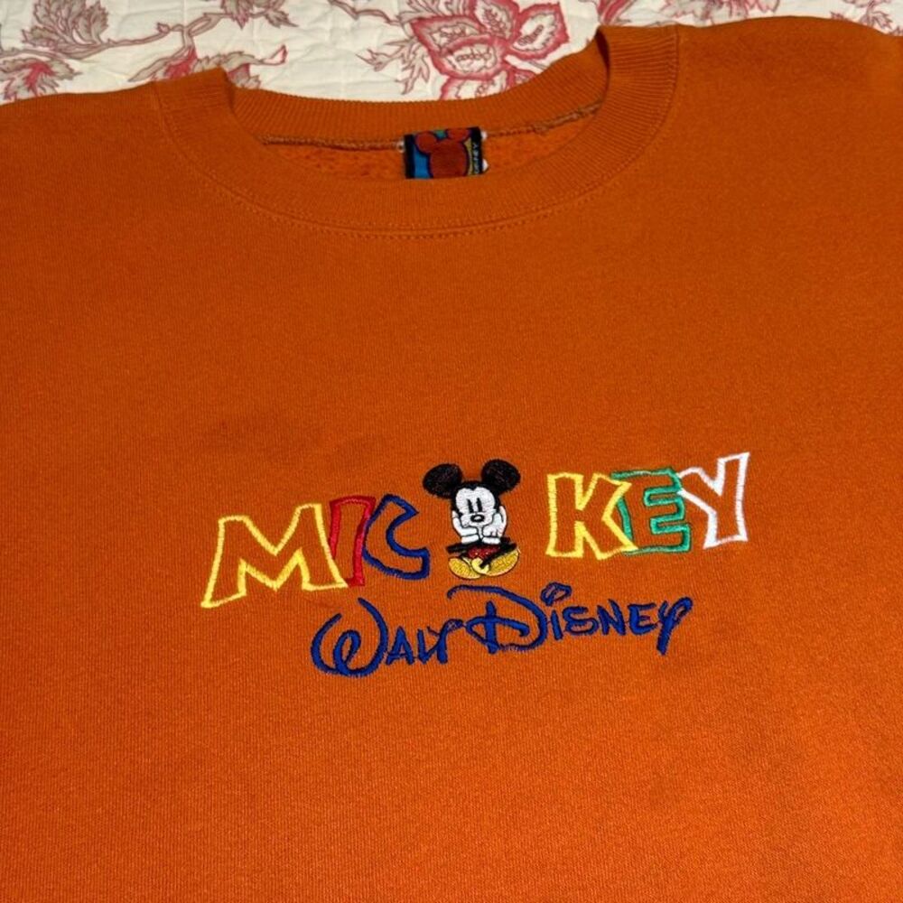 Vintage 90s Mickey Mouse Sunburst Orange Crewneck Sweater!